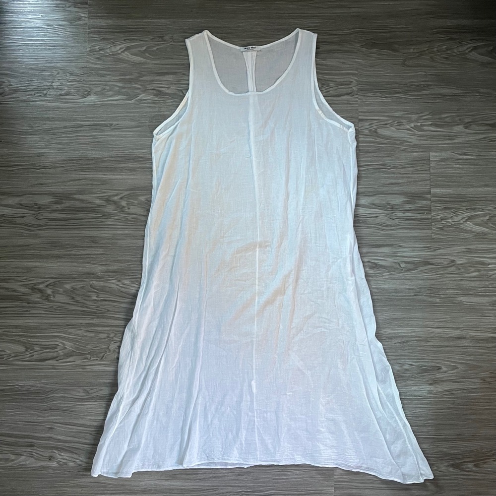 Meo Meli Italy White Cotton Tank Dress Sleeveless Scoop Neck Midi L/XL